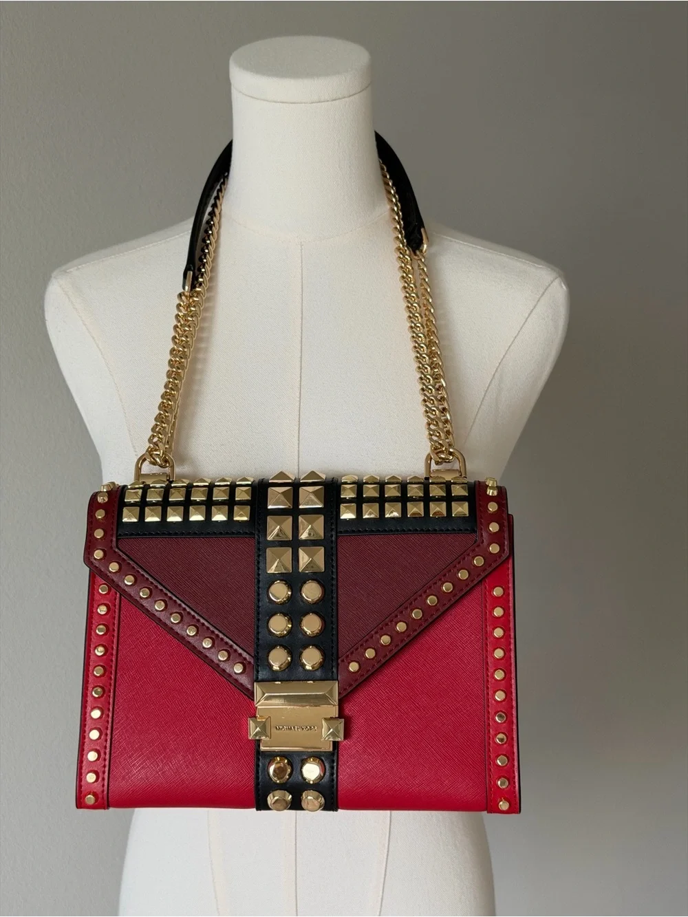 Michael Kors Whitney Studded Chain Strap Shoulder Bag - Red Burgundy Black